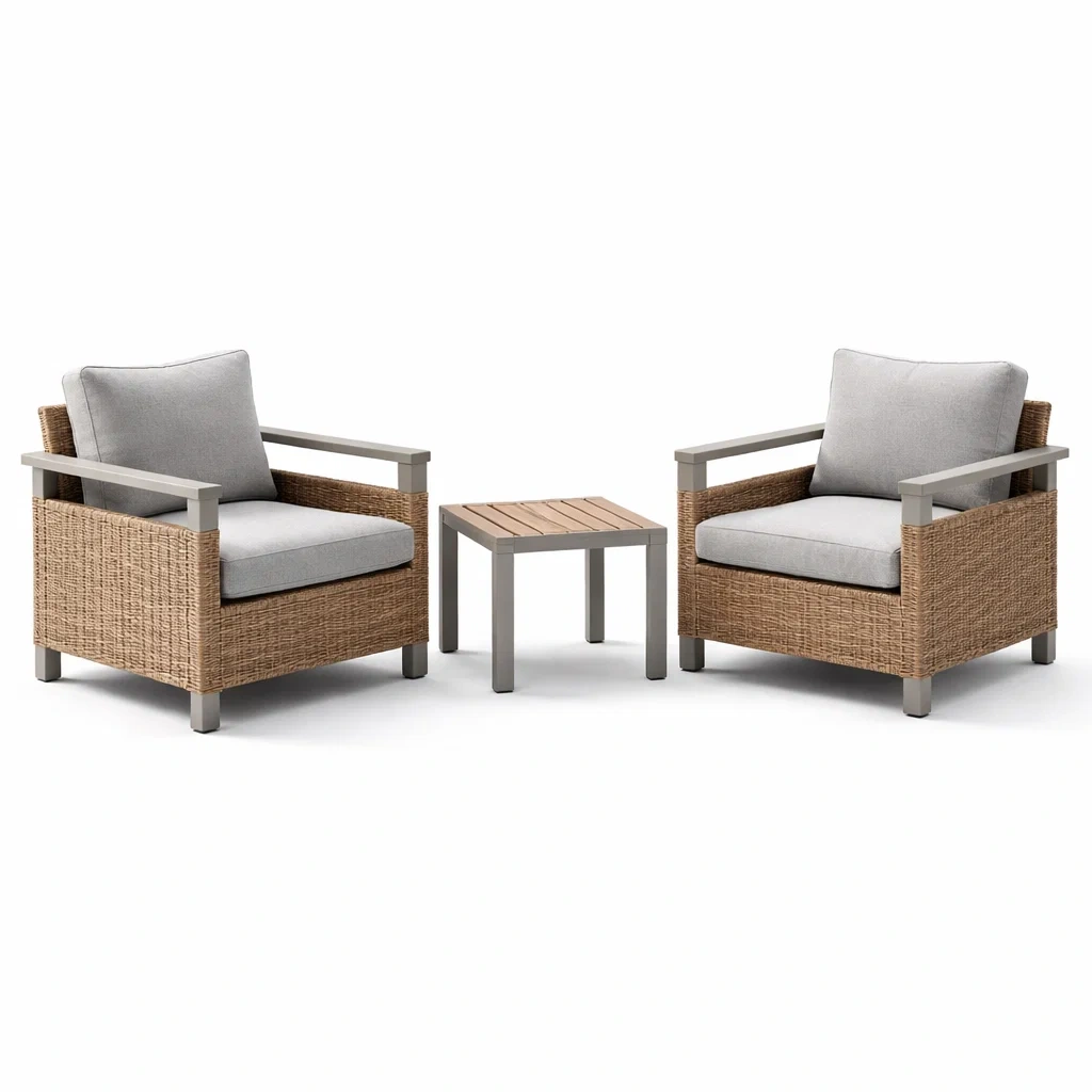 Set relax con 2 Poltrone in Rattan Sintetico e Tavolino con Cuscini Grigi-COMFORTABLENOOK