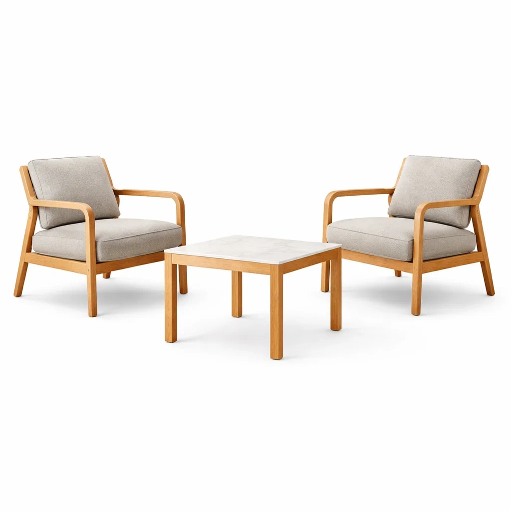 Set relax con 2 Poltrone in Legno e Tavolino con Superficie in Marmo-COMFORTABLENOOK