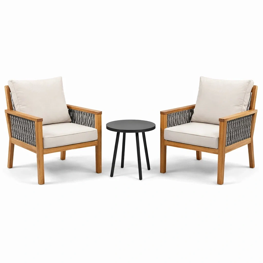 Set relax in Teak con Poltrone e Tavolino Rotondo in Metallo-COMFORTABLENOOK