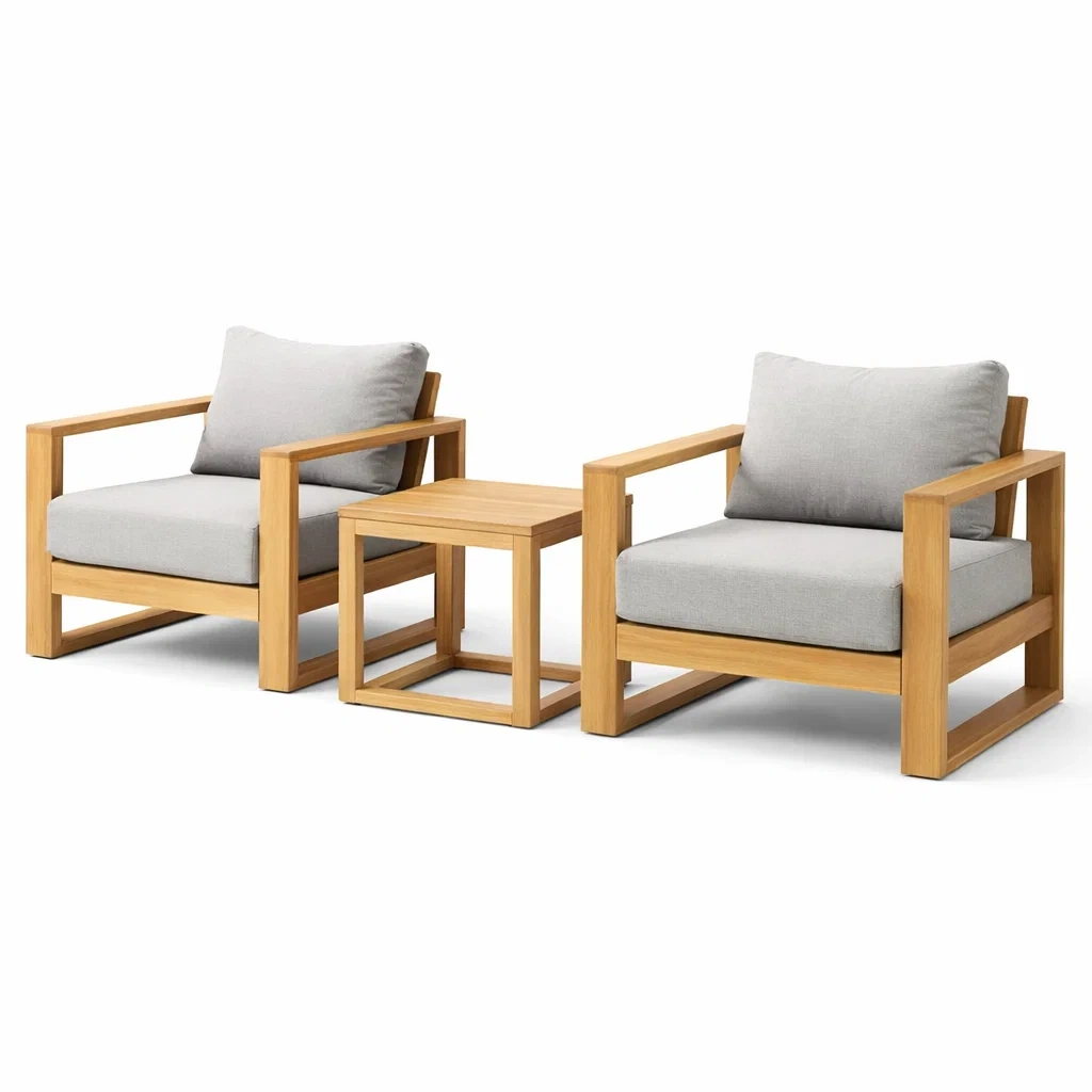 Set relax in Legno e Tessuto Grigio con Due Poltrone e Tavolino-COMFORTABLENOOK