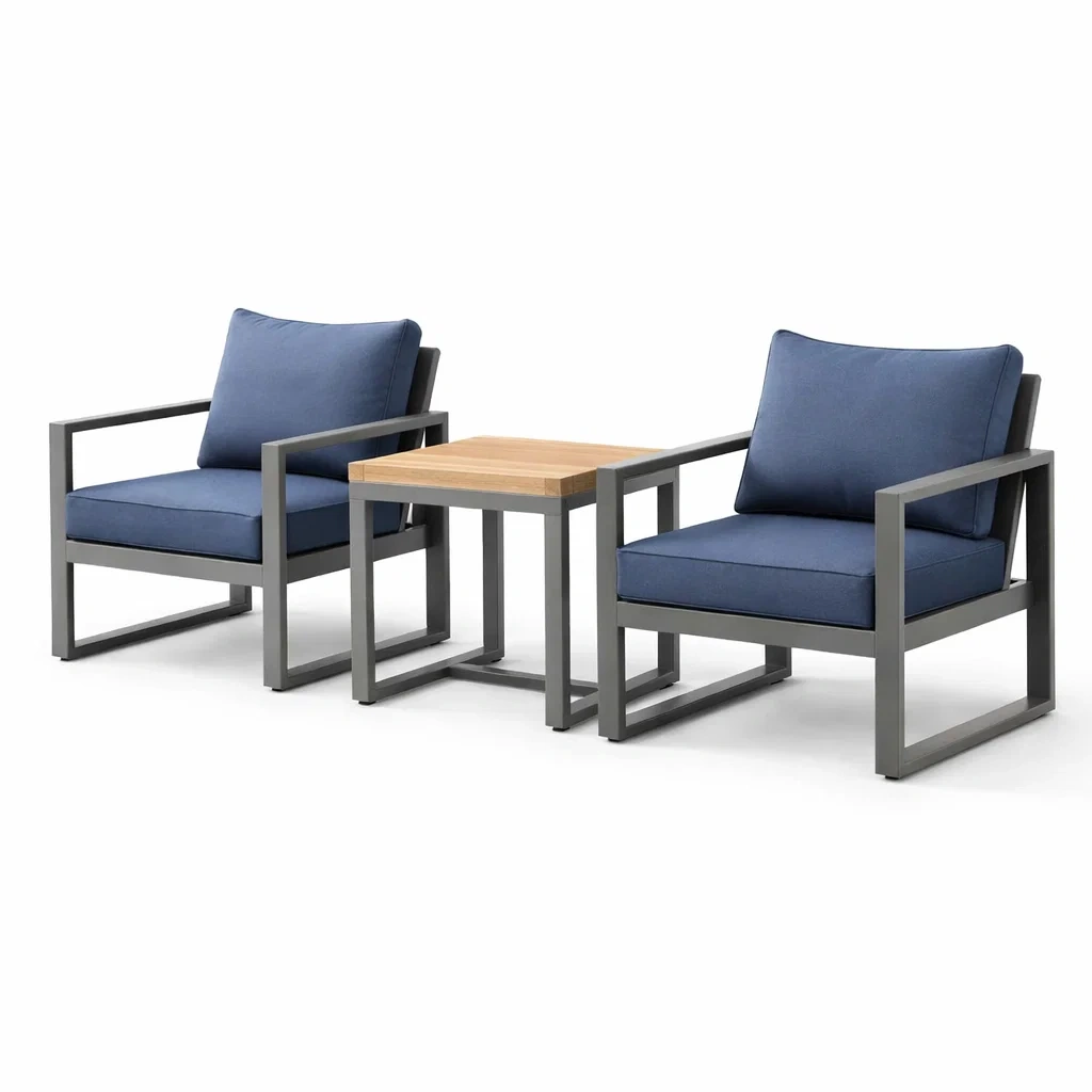 Set relax 3 Pezzi in Alluminio e Tessuto Blu con Tavolino in Legno-COMFORTABLENOOK