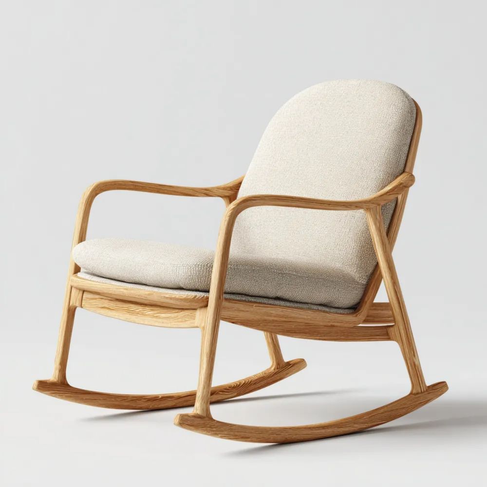 Schaukelstuhl aus Holz 60x80x90 cm mit Stoffpolsterung in Beige - Retro-Stil