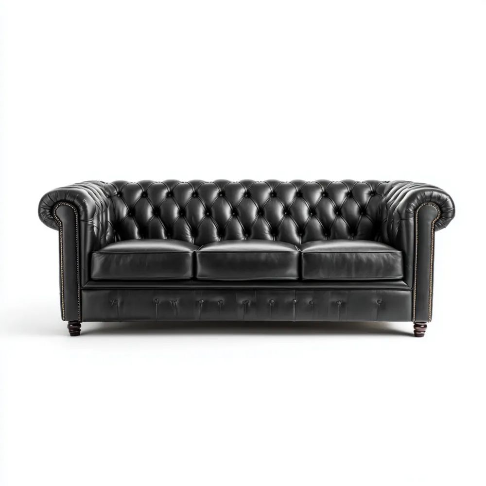 3-Sitzer Ledersofa 220x95x75 cm - Schwarz - Chesterfield Design