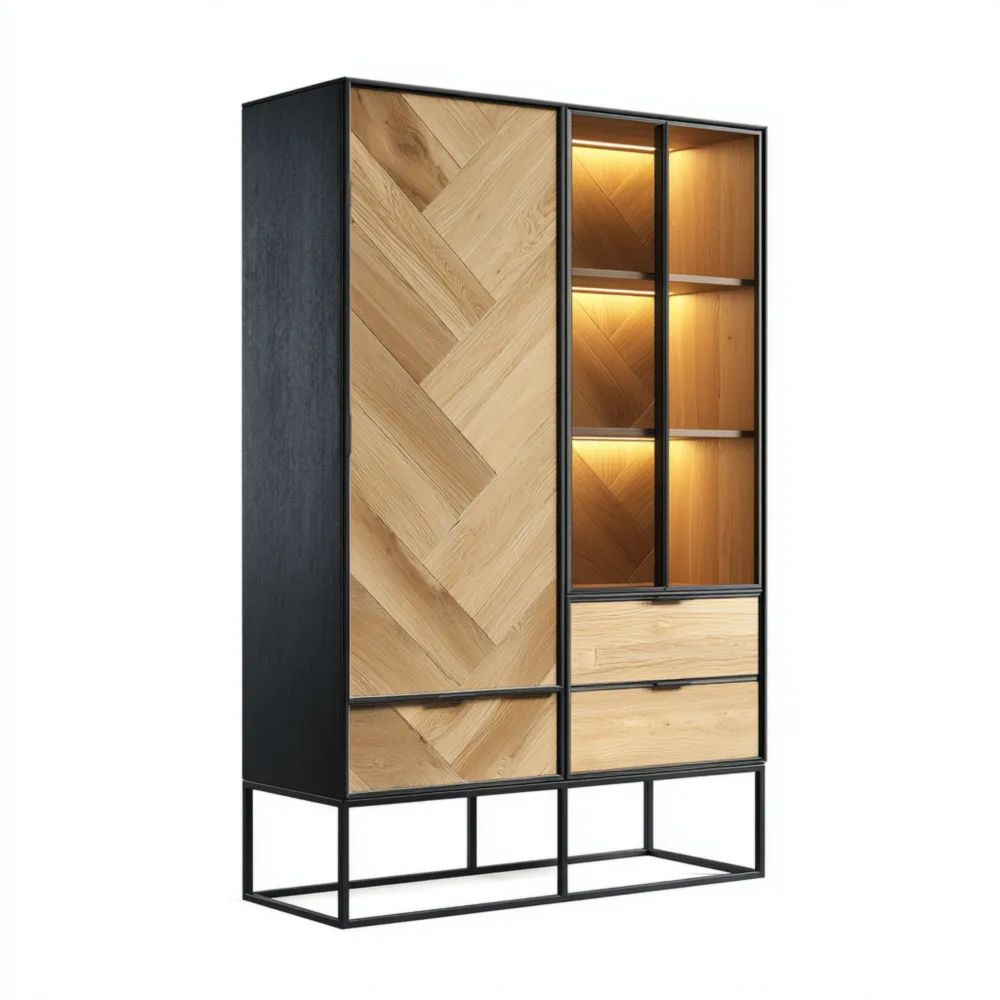 Vitrine 100x40x200 cm Holz/Metall – Eiche/Natur