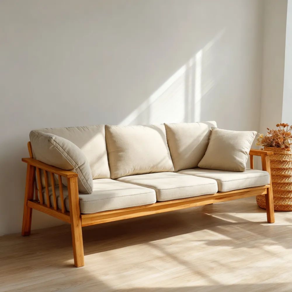 3-Sitzer-Sofa Holzrahmen Leinen 210x75x80 cm - Beige - Skandinavischer Stil