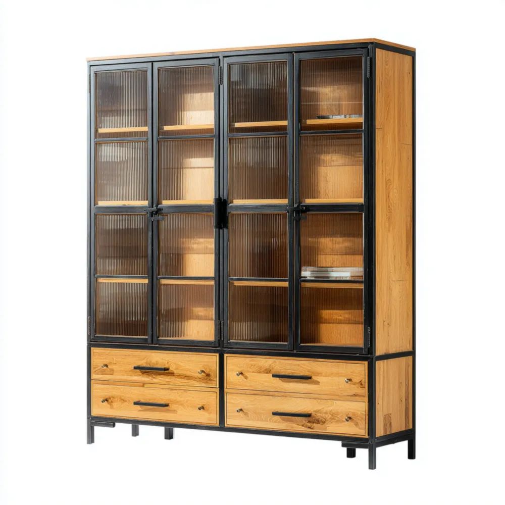 Große Vitrine Holz Metall 200x150x40 cm - Schwarz/Eiche - Industrieller Stil