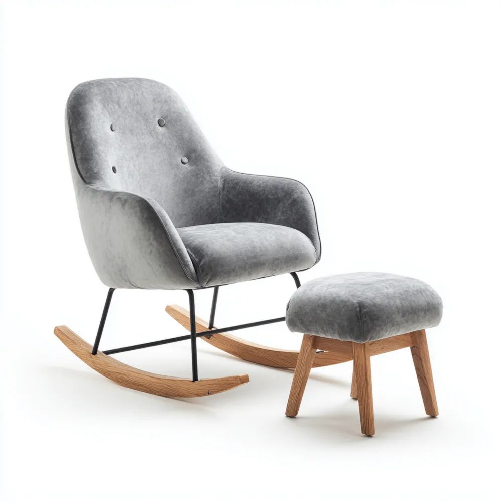 Schaukelstuhl 75x80x100 cm mit Hocker 50x40x40 cm Samtpolsterung Grau Modernes Design