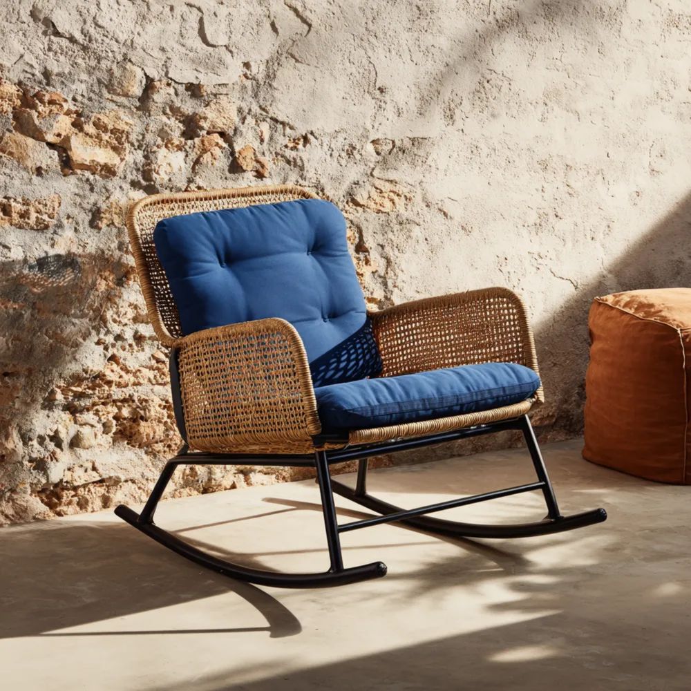 Schaukelstuhl Rattan 70x75x85 cm Blaue Polster - Modernes Design