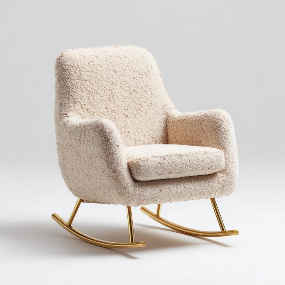 Schaukelstuhl (80x70x85 cm) Bouclé-Stoff - Creme - Goldene Beine - Modernes Design