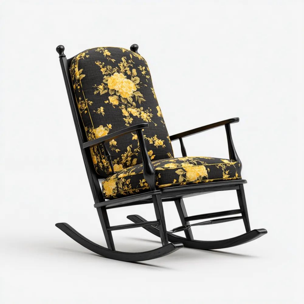 Schaukelstuhl aus Holzrahmen mit Blumendesign 100x60x90 cm - Schwarz/Gelb
