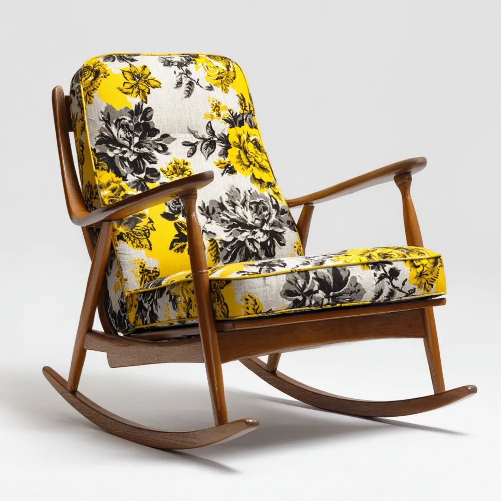 Schaukelstuhl Holzrahmen Blumenmuster 91x76x97 cm – Gelb/Schwarz – Retro Design