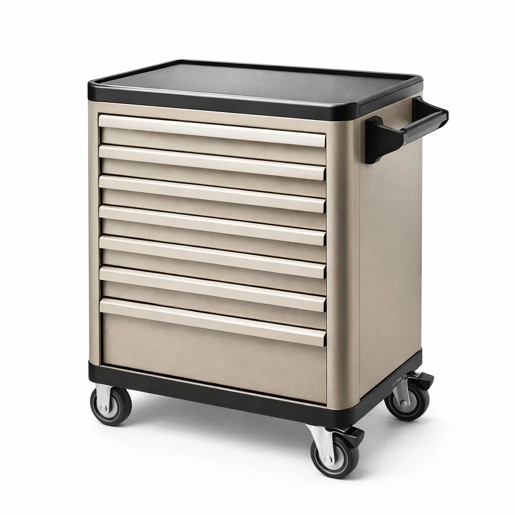 Carrello portautensili in acciaio beige con 7 cassetti-LUXEBLISSLIVING