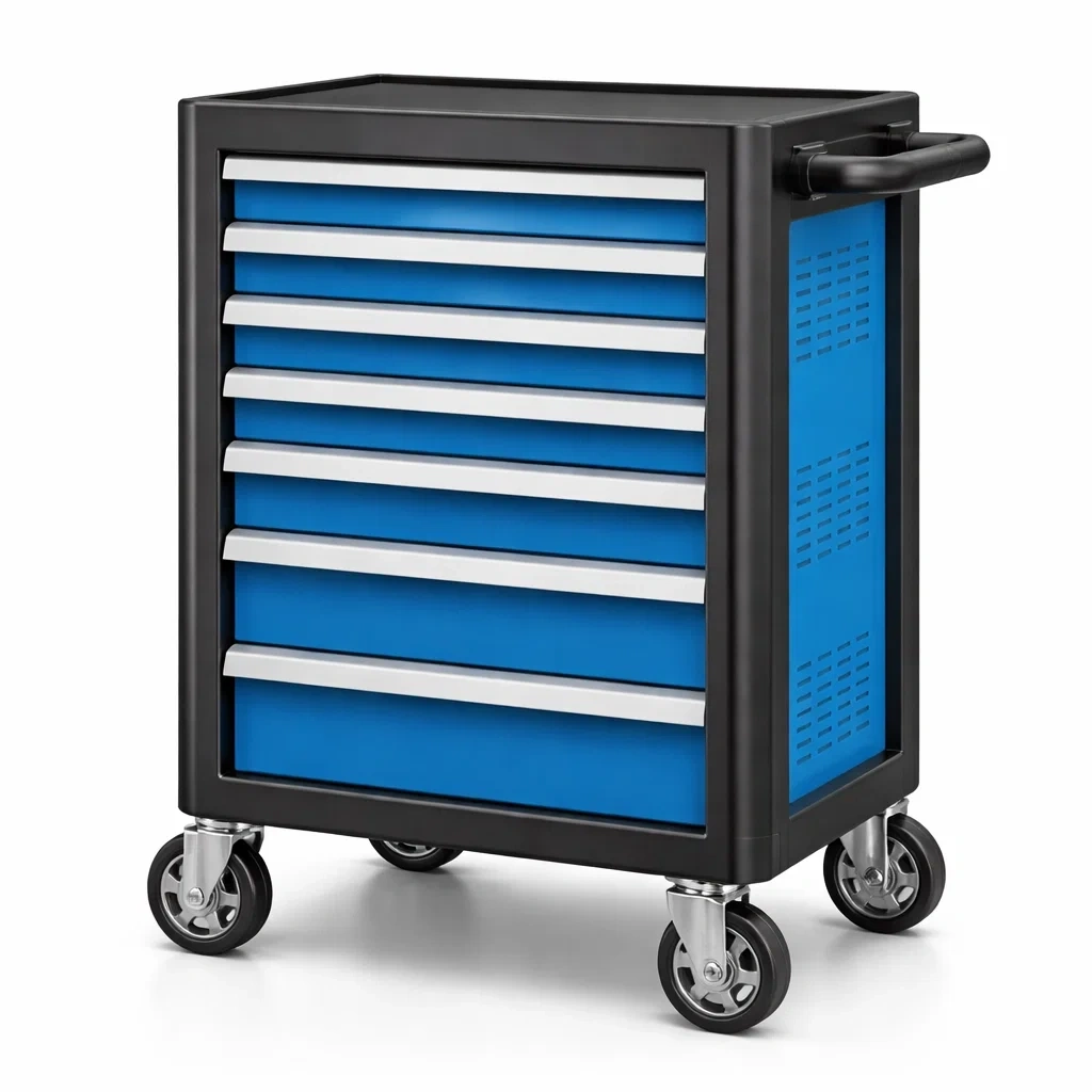 Carrello portautensili in metallo blu con 7 cassetti e ruote-LUXEBLISSLIVING