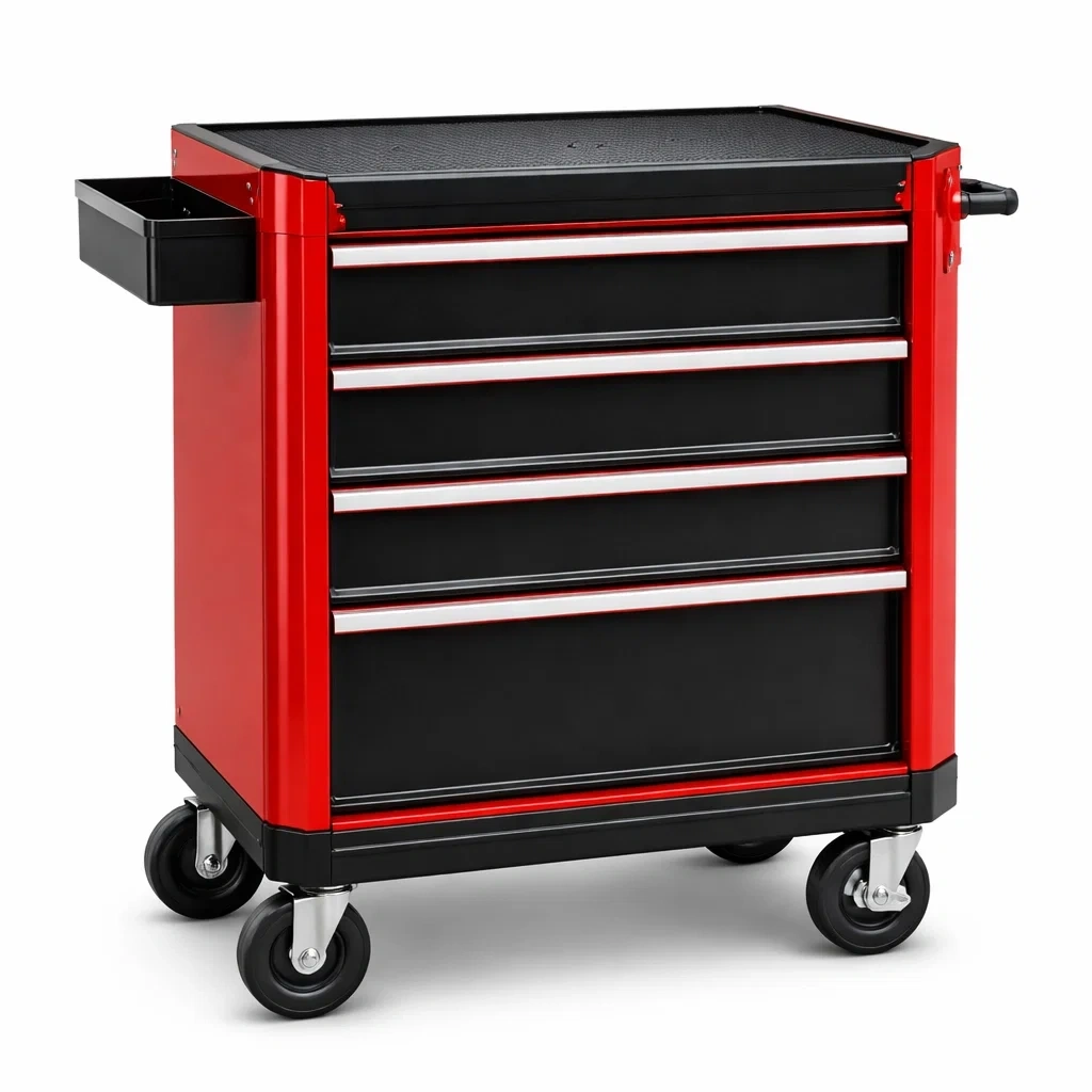 Carrello portautensili in metallo rosso e nero con 4 cassetti-LUXEBLISSLIVING