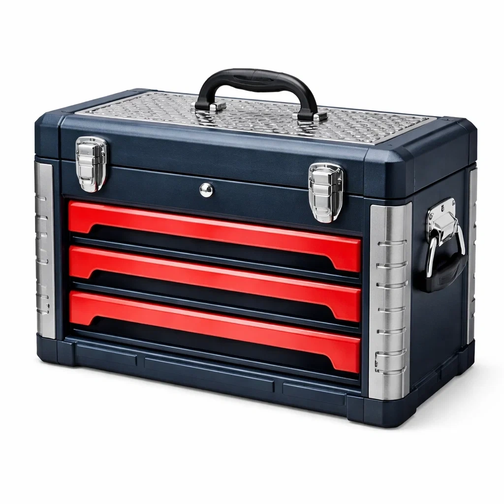 Cassetta degli attrezzi in metallo e ABS nero e rosso con 3 cassetti-LUXEBLISSLIVING