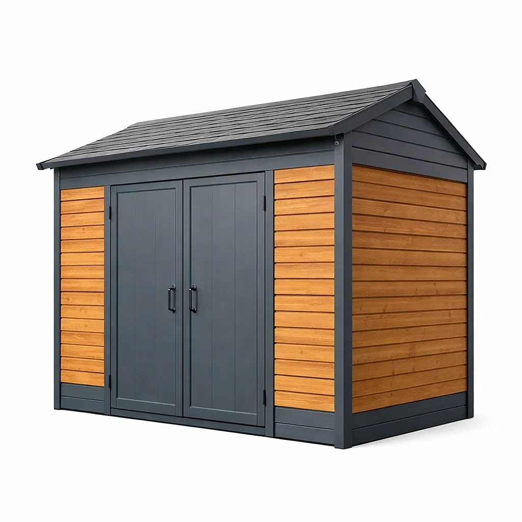 Casetta da giardino in acciaio e legno composito grigio e legno-LUXEBLISSLIVING