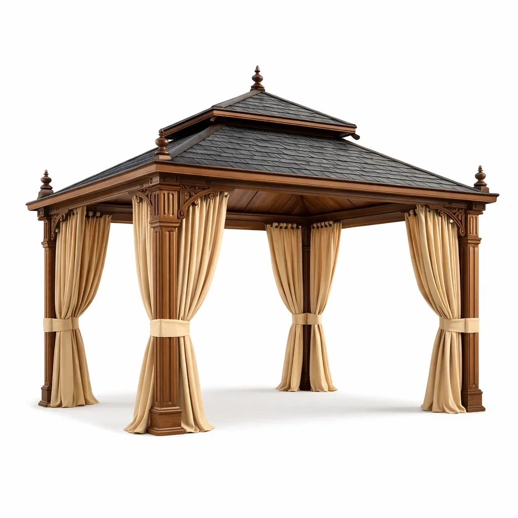 Gazebo in legno con tegole e tende beige 400x300x300 cm-LUXEBLISSLIVING