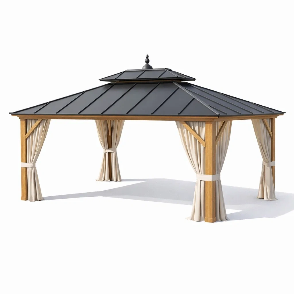 Gazebo in legno e metallo con tende in poliestere 500x400x350 cm-LUXEBLISSLIVING