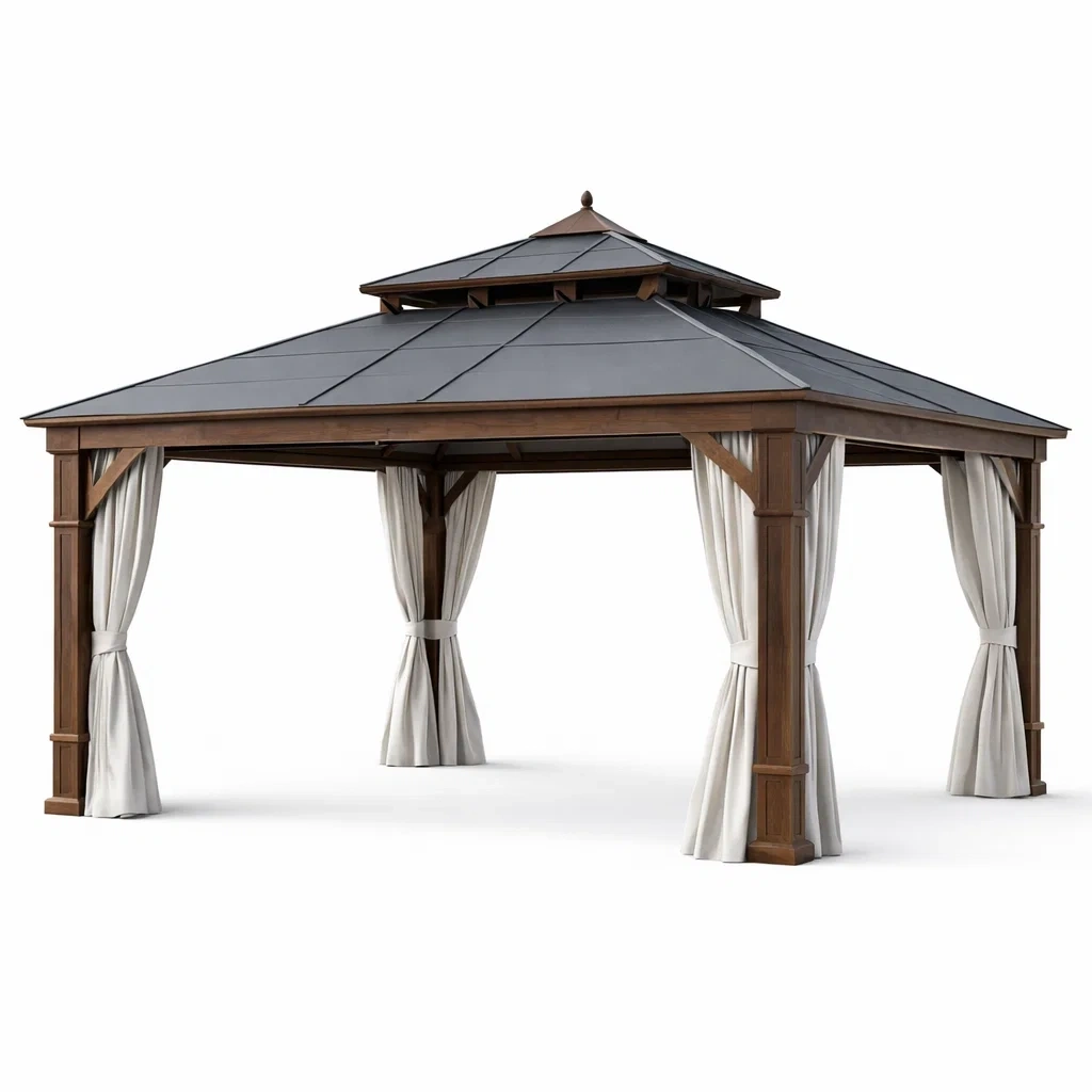 Gazebo in legno e alluminio con tende in poliestere 400x300x270 cm-LUXEBLISSLIVING