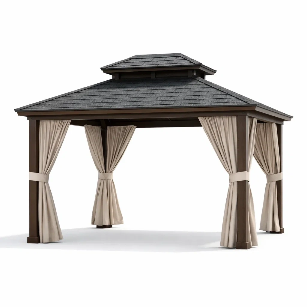 Gazebo in alluminio con tende in poliestere-LUXEBLISSLIVING