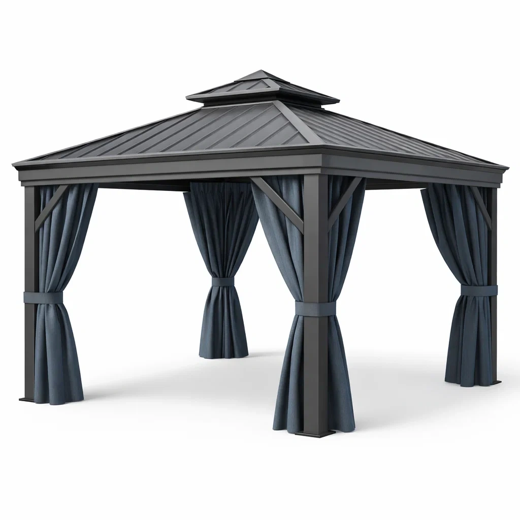 Gazebo da giardino in metallo con tende in poliestere grigio scuro-LUXEBLISSLIVING