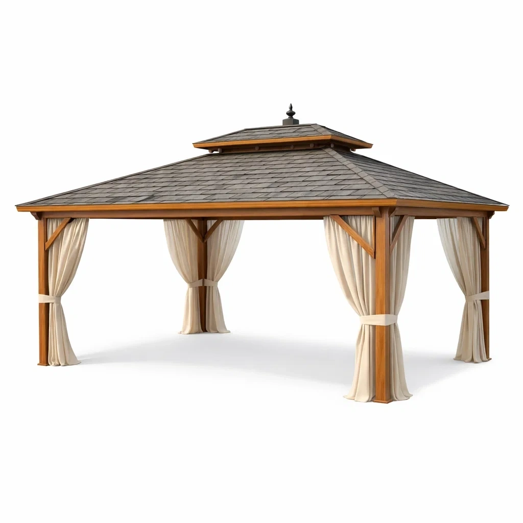 Gazebo in legno con tende in poliestere beige-LUXEBLISSLIVING
