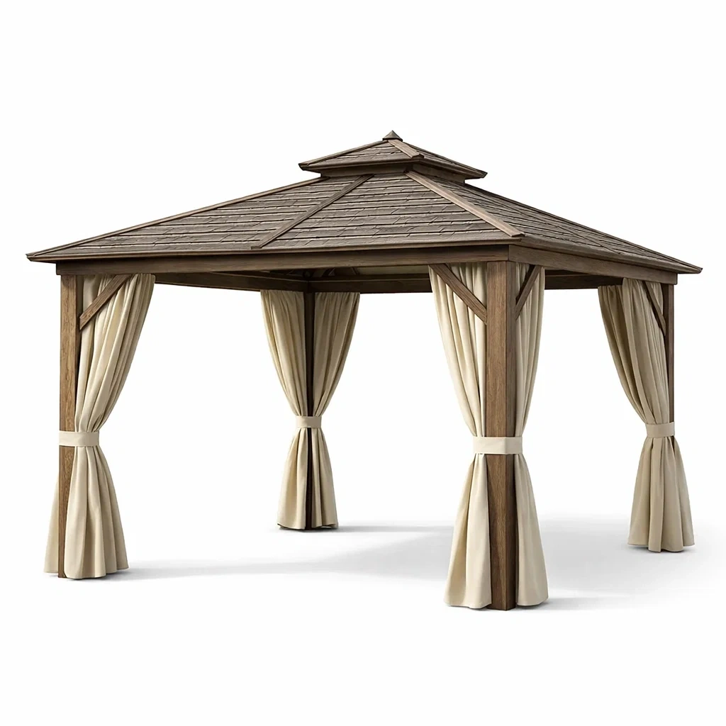 Gazebo in legno con tettoia e tende laterali-LUXEBLISSLIVING