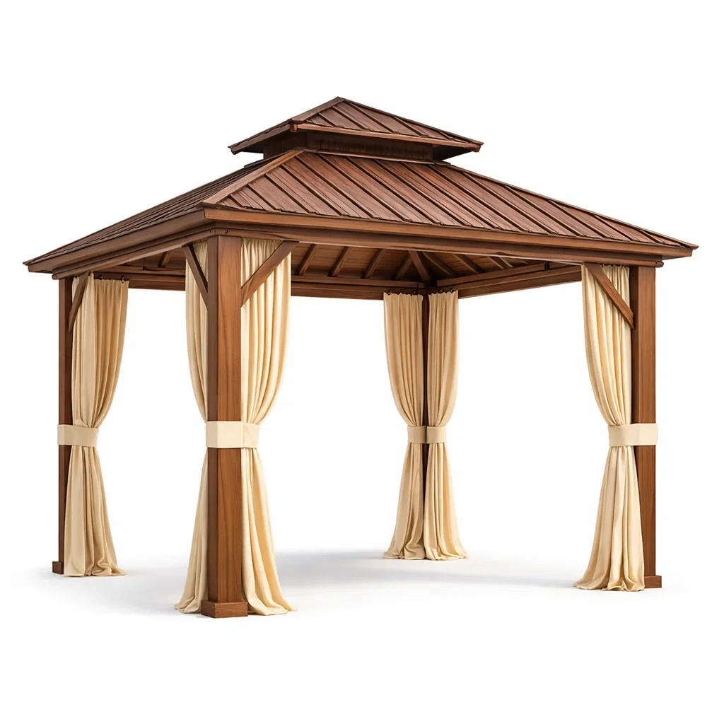 Gazebo quadrato in legno con drappeggi in poliestere beige-LUXEBLISSLIVING