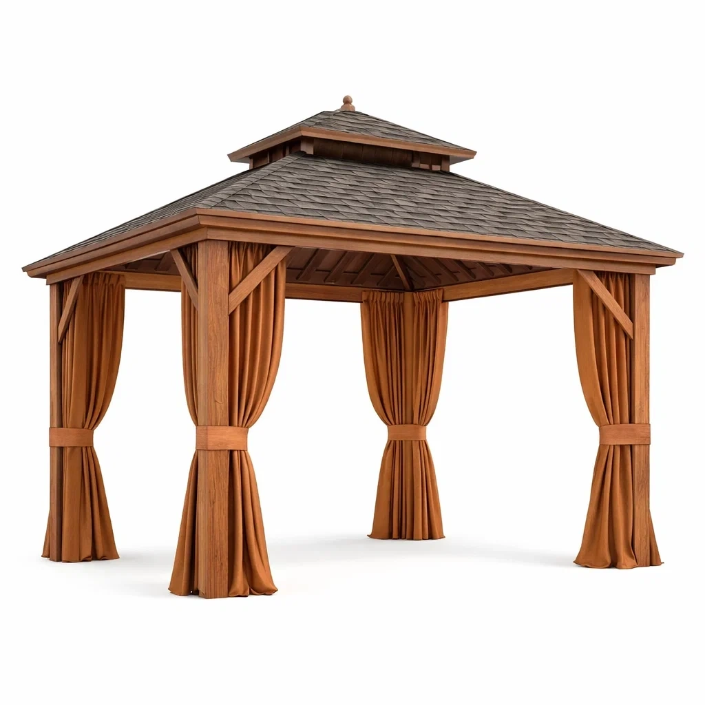 Gazebo in legno con tetto in tegole e tende in poliestere 300x300x275 cm-LUXEBLISSLIVING