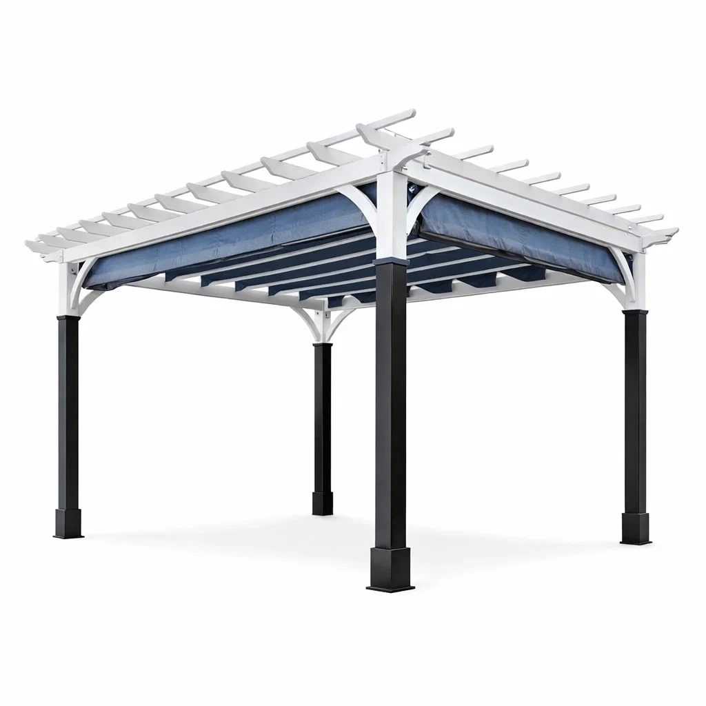 Pergola in alluminio e acciaio con tetto blu retrattile-LUXEBLISSLIVING