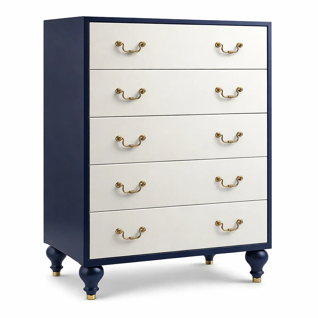 Cassettiera in Legno Composito e Metallo con 5 Cassetti Blu Bianco e Maniglie Dorate-TRENDYSANCTUARYLIVING