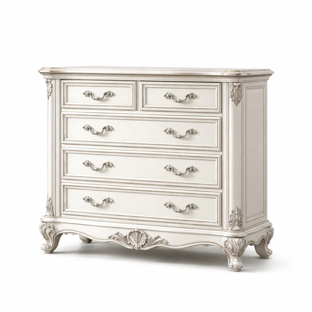 Cassettiera in Legno Massello Bianco con 5 Cassetti-TRENDYSANCTUARYLIVING