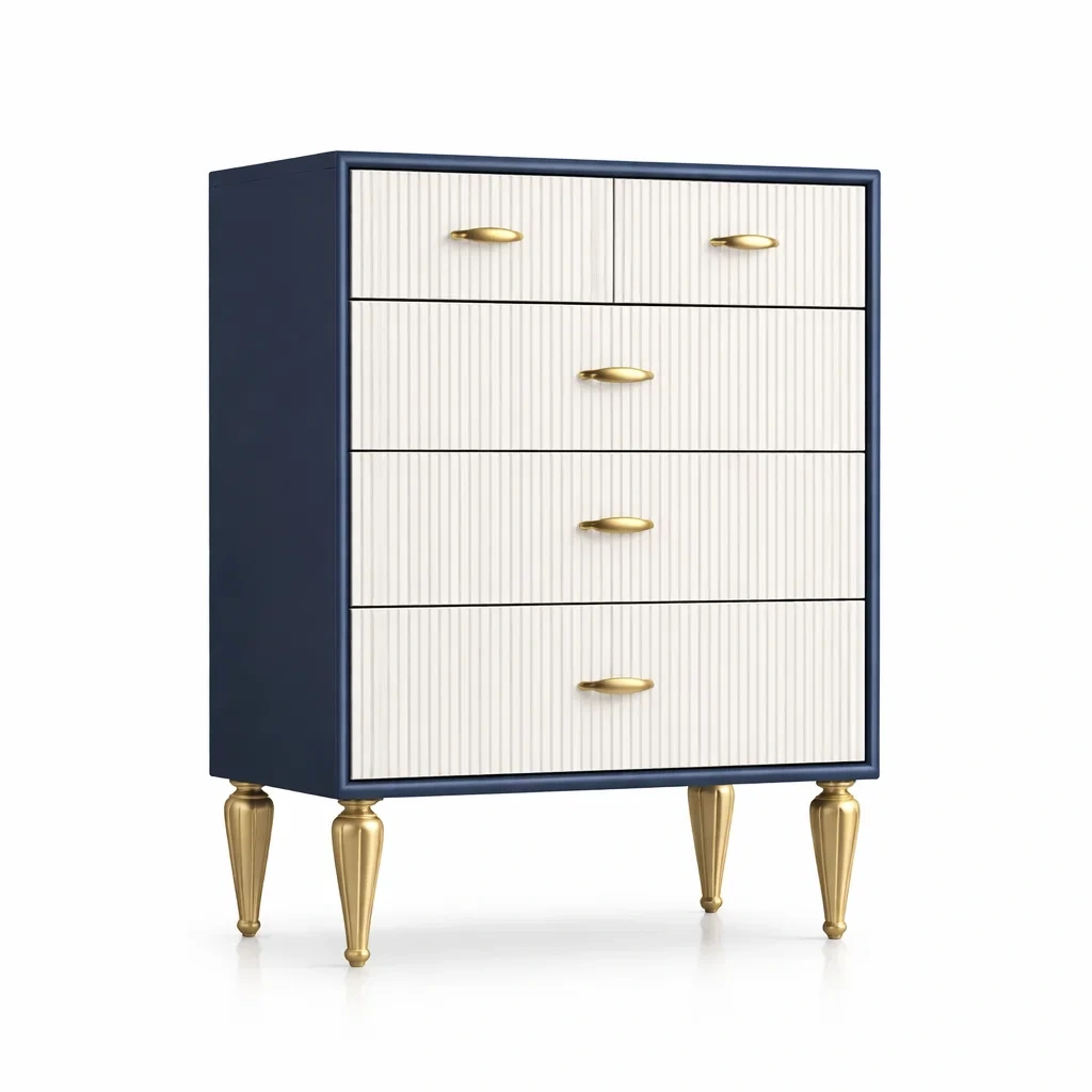 Cassettiera in Legno con 5 Cassetti Maniglie e Gambe in Metallo Blu Avorio-TRENDYSANCTUARYLIVING