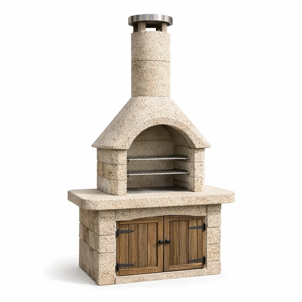 Barbecue in Cemento con Griglie in Acciaio Inox e Ante in Legno-TRENDYSANCTUARYLIVING