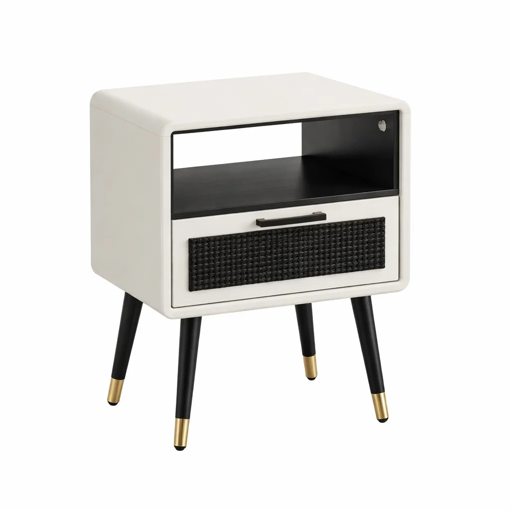 Comodino in MDF e Metallo Bianco Nero con Dettagli Dorati-TRENDYSANCTUARYLIVING