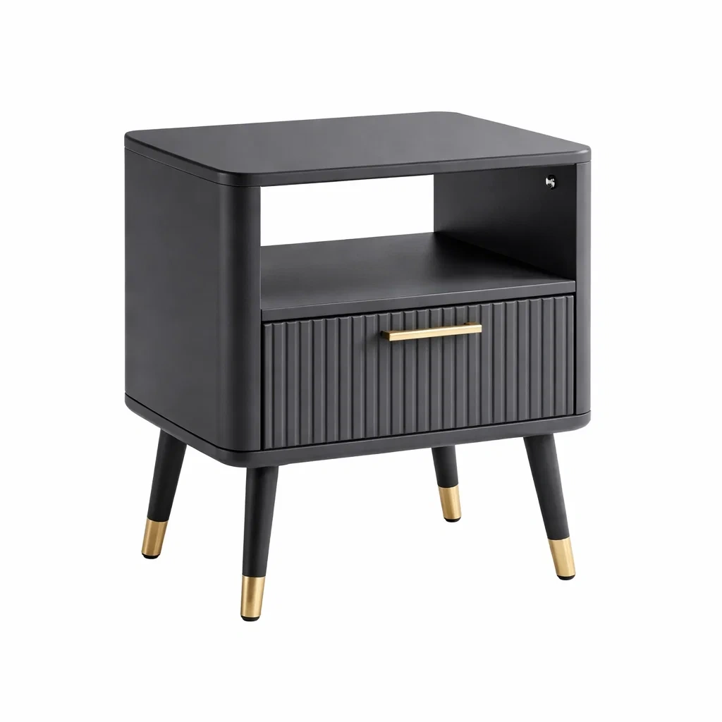 Comodino in MDF con Gambe in Legno e Dettagli in Metallo Nero Oro 48x40x58 cm-TRENDYSANCTUARYLIVING