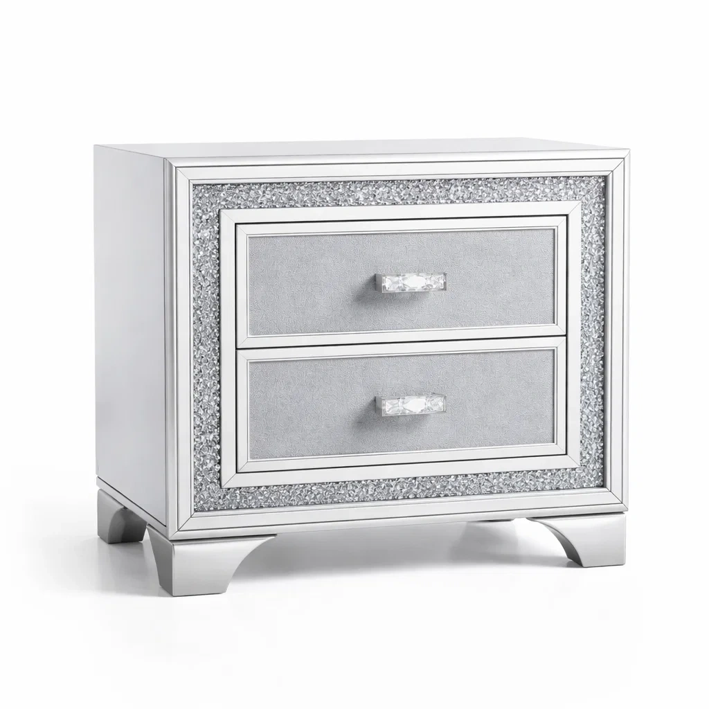 Comodino Rettangolare con 2 Cassetti in Legno e Vetro 60x45x65 cm Argento-TRENDYSANCTUARYLIVING