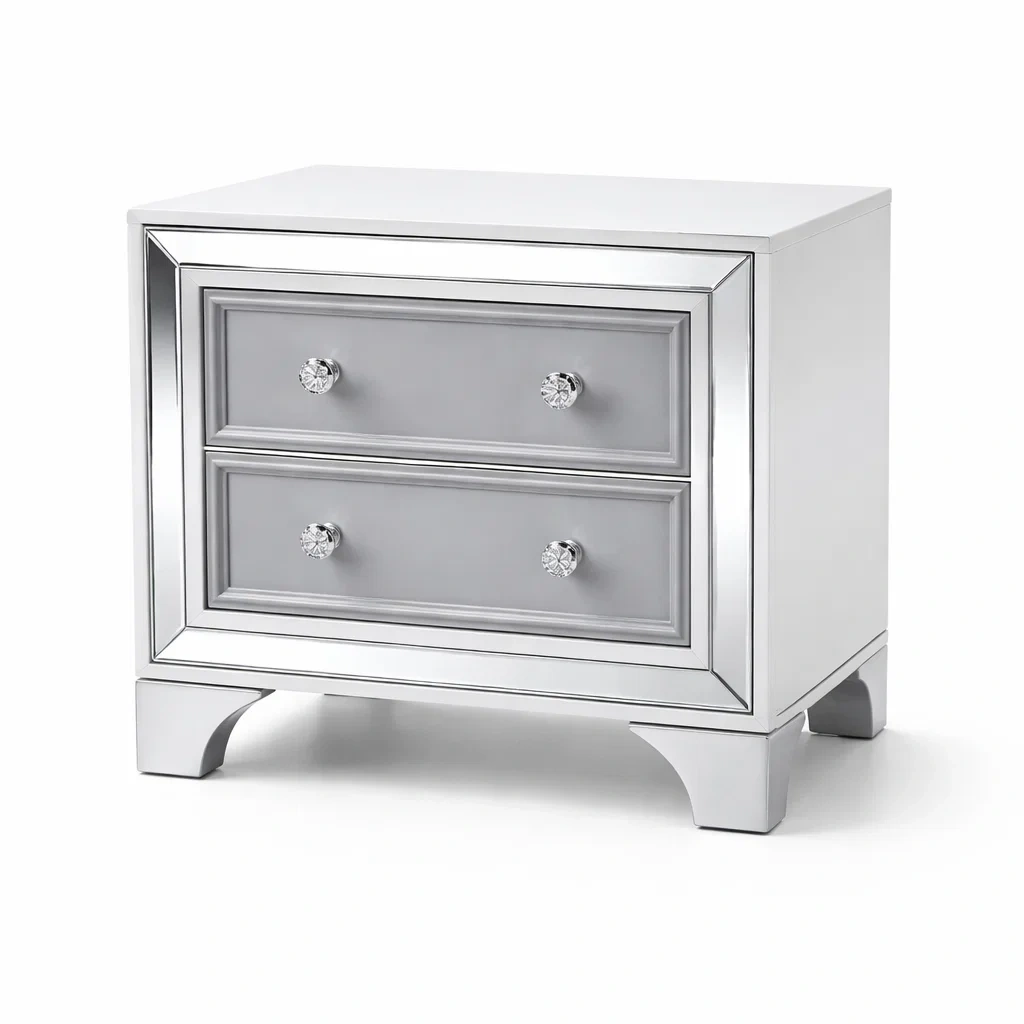 Comodino in Legno Massello con 2 Cassetti Frontali a Specchio e Pomelli in Vetro Argento 60x40x50 cm-TRENDYSANCTUARYLIVING