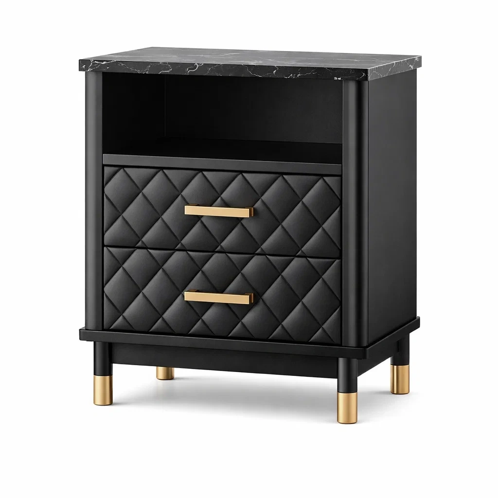 Comodino in Legno PU e Metallo Nero con Effetto Marmo-TRENDYSANCTUARYLIVING