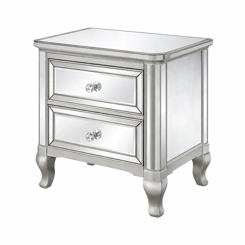 Comodino Argento in Specchio e Legno-TRENDYSANCTUARYLIVING