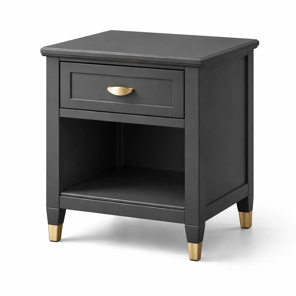 Comodino in Legno Grigio con Dettagli Dorati-TRENDYSANCTUARYLIVING