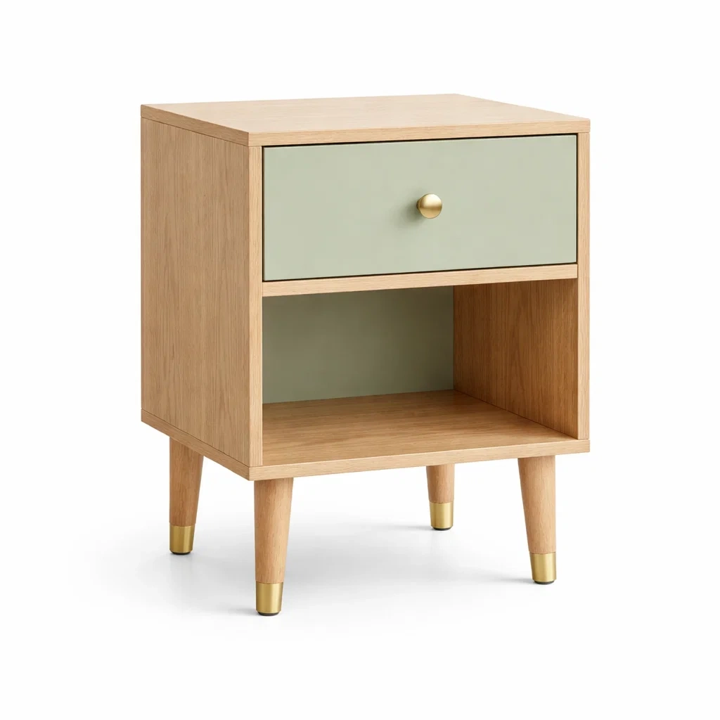 Comodino in Legno di Rovere con Cassetto Verde-TRENDYSANCTUARYLIVING