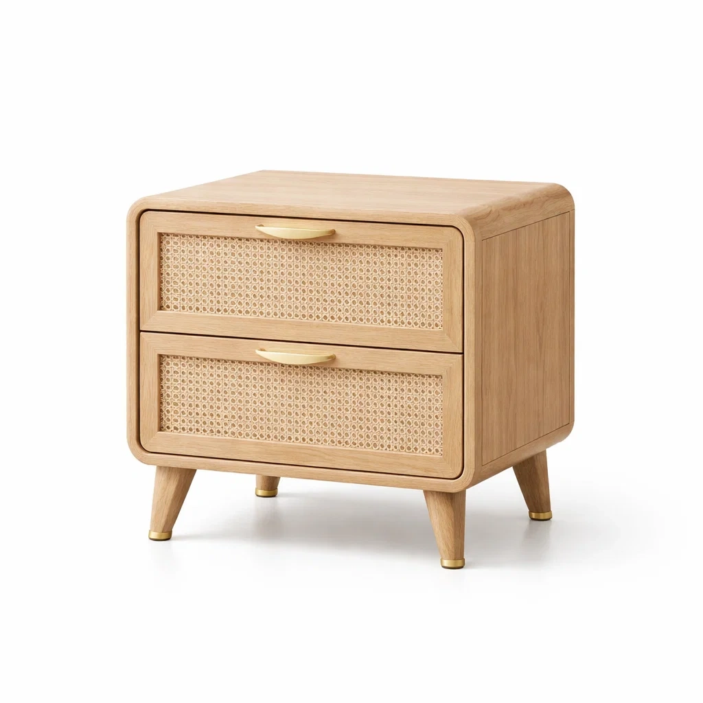 Comodino in Legno e Rattan con 2 Cassetti-TRENDYSANCTUARYLIVING