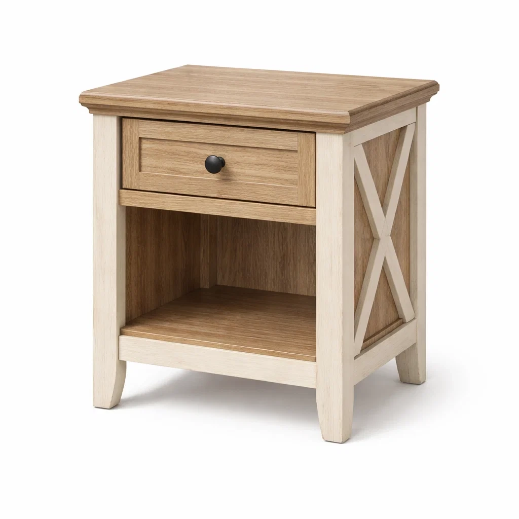 Comodino in Legno con Cassetto e Ripiano Aperto Rovere Chiaro Avorio-TRENDYSANCTUARYLIVING