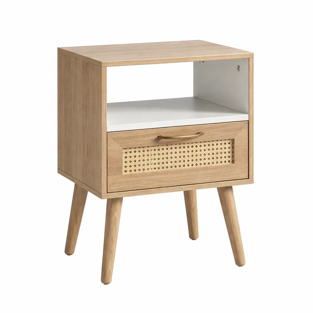 Comodino in MDF e Rattan con Ripiano e Cassetto-TRENDYSANCTUARYLIVING