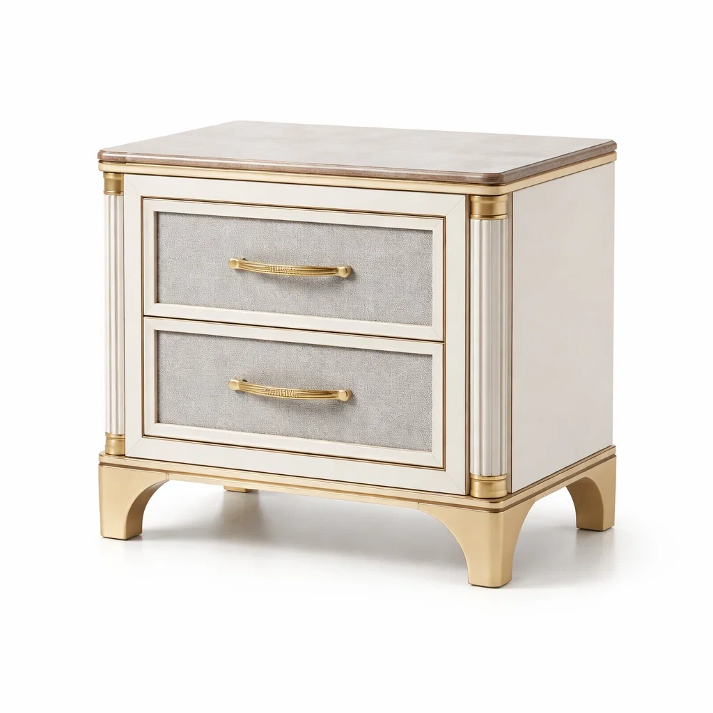 Comodino con 2 Cassetti in Legno e Metallo Bianco Oro-TRENDYSANCTUARYLIVING