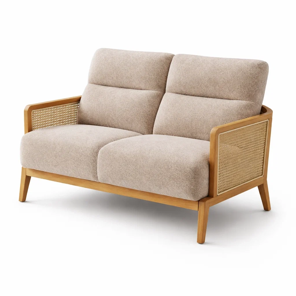 Divano 2 Posti in Legno e Rattan con Rivestimento in Tessuto Beige 150x85x95 cm-TRENDYSANCTUARYLIVING