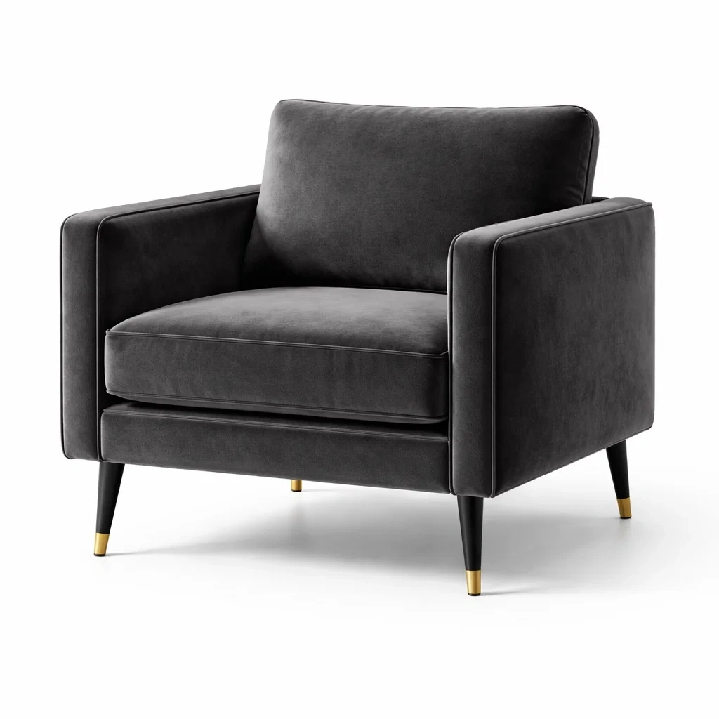 Poltrona in Velluto Grigio con Gambe in Legno e Dettagli Dorati-TRENDYSANCTUARYLIVING