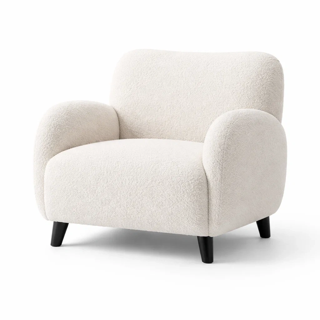 Poltrona in Tessuto Bouclé Bianco con Gambe in Legno-TRENDYSANCTUARYLIVING