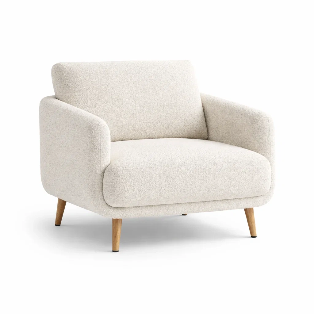 Poltrona in Tessuto Bouclé Beige con Gambe in Legno-TRENDYSANCTUARYLIVING